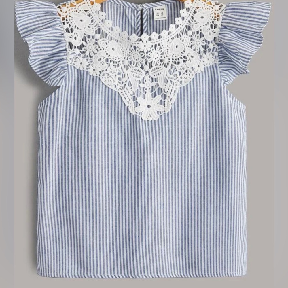 SHEIN | Tween Girl Guipire Lace Yoke Striped Top
